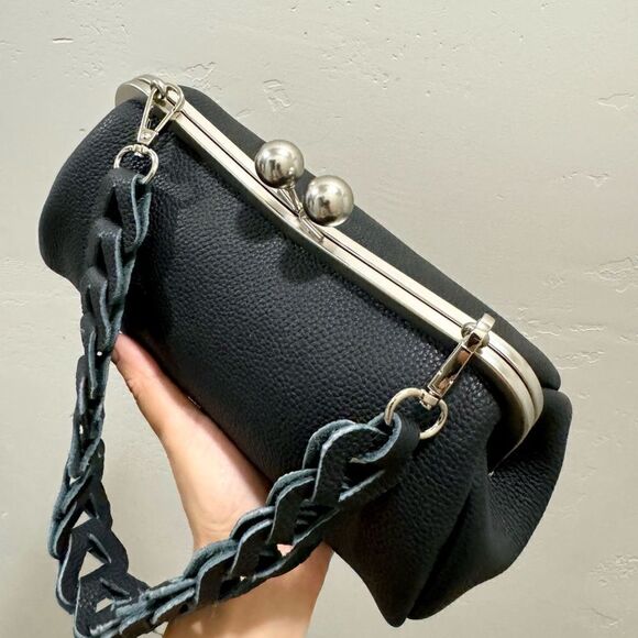 Black Togo Cowhide Leather Handmade Kisslock Baguette Bag With 3 Strap Styles - Picture 9 of 16